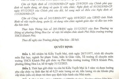 QUYẾT ĐỊNH BỔ NHIỆM PHÓ HIỆU TRƯỞNG