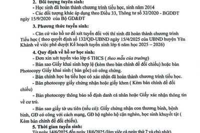 THÔNG BÁO TUYỂN SINH LỚP 6 NĂM HỌC 2025-2026