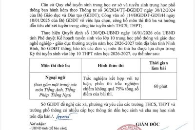 THÔNG BÁO MÔN THI THỨ 3 KỲ THI TUYỂN SINH VÀO THPT NĂM HỌC 2026-2027